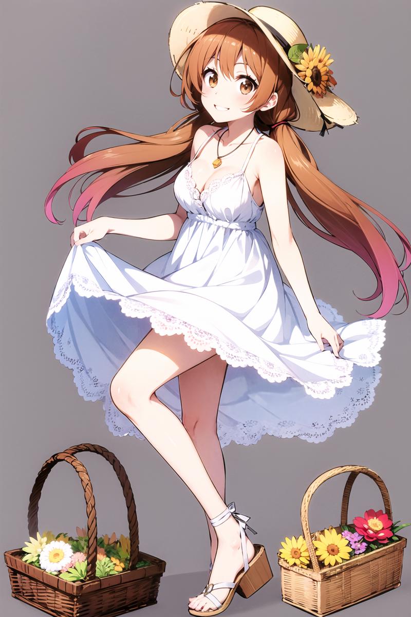 17866-373727843-Tachibana Marika, 1girl, solo, dress, basket, flower, hat, long hair, white dress, brown hair, white background, sandals, full b.png